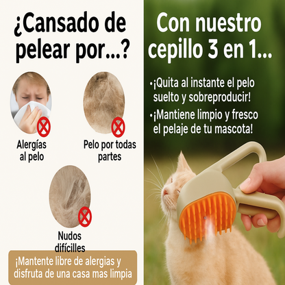 PetSteam™ — Cepillo 3 en 1 con Vapor y Masaje para Mascotas